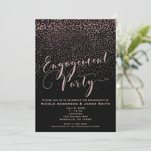 ENGAGEMENT PARTY Douche Zwart Roos Gouden Confetti Kaart (Staand voorkant)