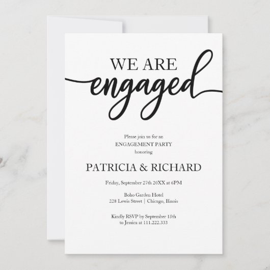 Engagement Party Elegant Script Zwart-wit Kaart (Voorkant)