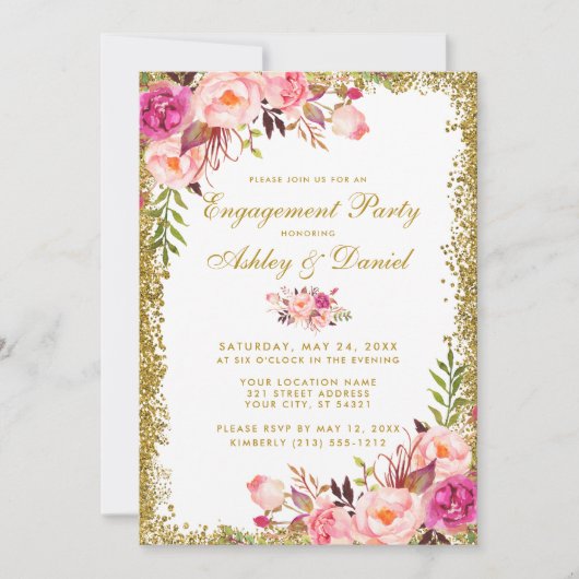 Engagement Party - Floral roze Gold Glitter - nodi Kaart (Voorkant)
