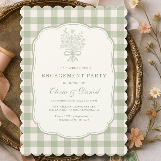 Engagement Party  Gingham Floral Sage Green Kaart