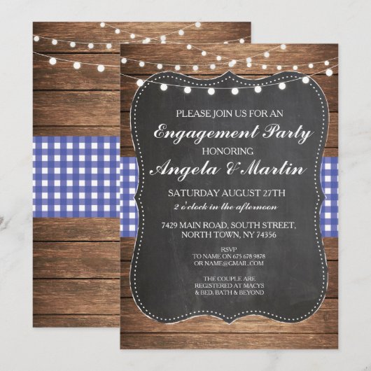 Engagement Party lichtblauw Check Wood uitnodigen Kaart (Voorkant / Achterkant)