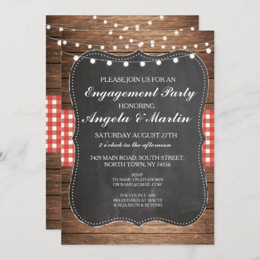 Engagement Party Lights Red Check Wood uitnodigen Kaart (Voorkant / Achterkant)