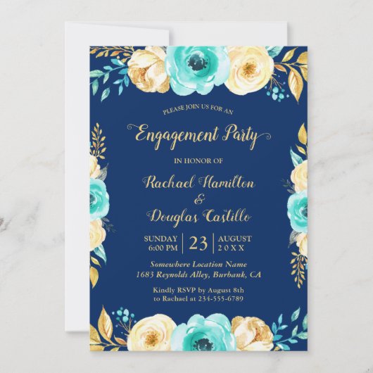 Engagement Party - Navy Blue Blauwgroen Gold Flora Kaart (Voorkant)