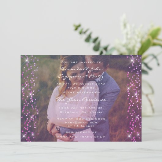 Engagement Party Photo Paars Fuchsia Pink Gold Kaart (Staand voorkant)