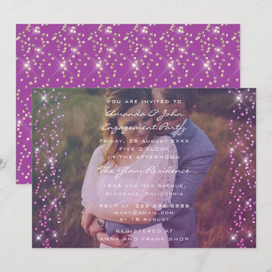 Engagement Party Photo Paars Fuchsia Pink Gold Kaart (Voorkant / Achterkant)