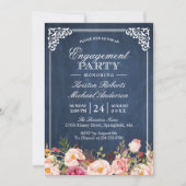 Engagement Party Pink Floral Blue Chalkboard Kaart (Voorkant)