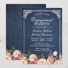 Engagement Party Pink Floral Blue Chalkboard Kaart
