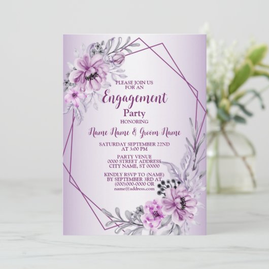 Engagement Party Pink Floral Paars Violet Modern Kaart (Staand voorkant)