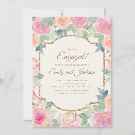 Engagement Party Pink Peach Floral Gold Kaart (Voorkant)