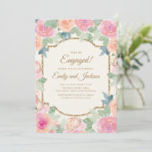 Engagement Party Pink Peach Floral Gold Kaart (Staand voorkant)