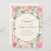Engagement Party Pink Peach Floral Gold Kaart (Voorkant / Achterkant)