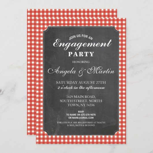 Engagement Party Red Check Chalk Uitnodigen Kaart (Voorkant / Achterkant)