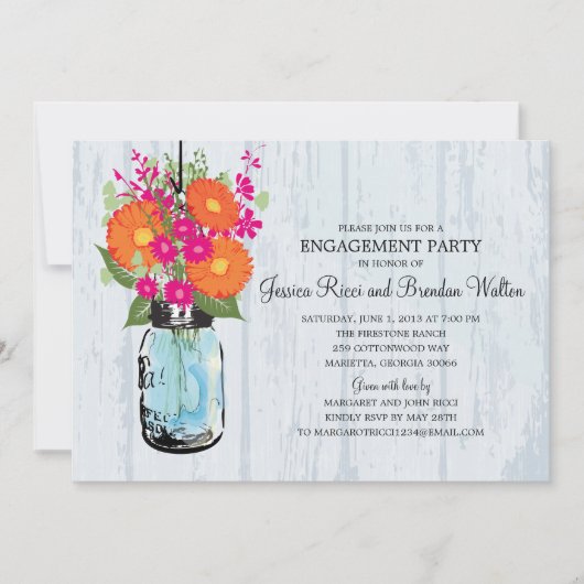 Engagement Party Rustic Mason Jar Gerber Daisies Kaart (Voorkant)