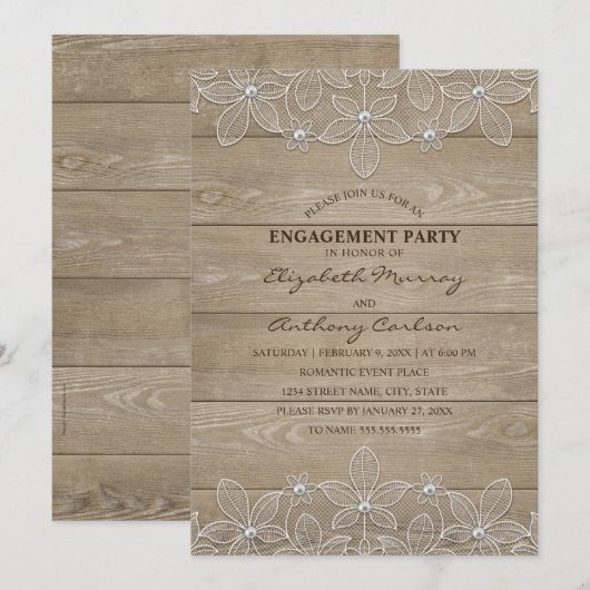 Engagement Party Rustic Wood Elegant  Lace Kaart (Voorkant / Achterkant)