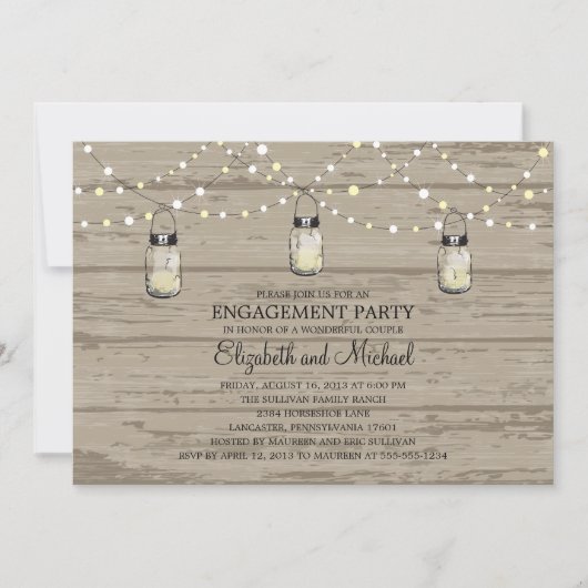 Engagement Party Rustic Wood Mason Jar and Lights Kaart (Voorkant)