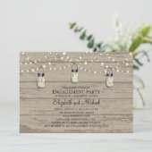 Engagement Party Rustic Wood Mason Jar and Lights Kaart (Staand voorkant)