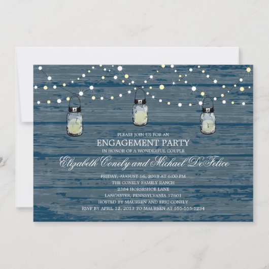 Engagement Party Rustic Wood Mason Jar and Lights Kaart (Voorkant)