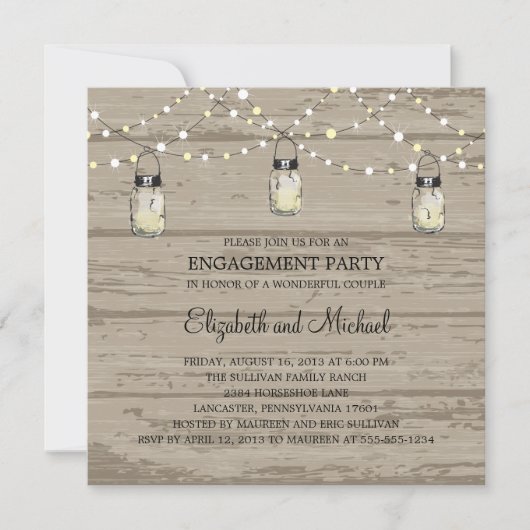 Engagement Party Rustic Wood Mason Jar and Lights Kaart (Voorkant)