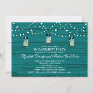 Engagement Party Rustic Wood Mason Jar and Lights Kaart