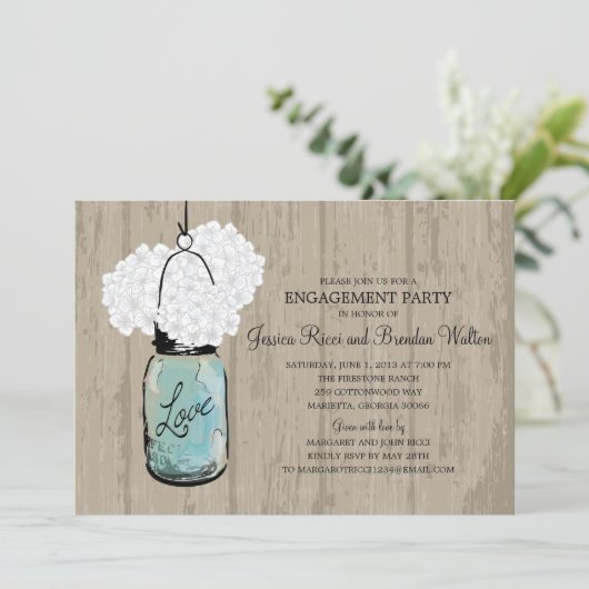 Engagement Party Rustic Wood Mason Jar Hydrangeas Kaart (Staand voorkant)