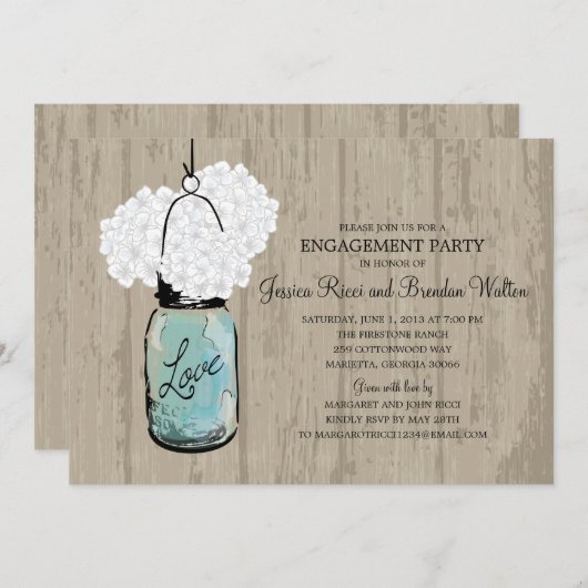 Engagement Party Rustic Wood Mason Jar Hydrangeas Kaart (Voorkant / Achterkant)