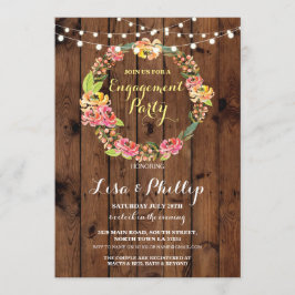 Engagement Party Shower Floral Wreath Wood Invite Kaart