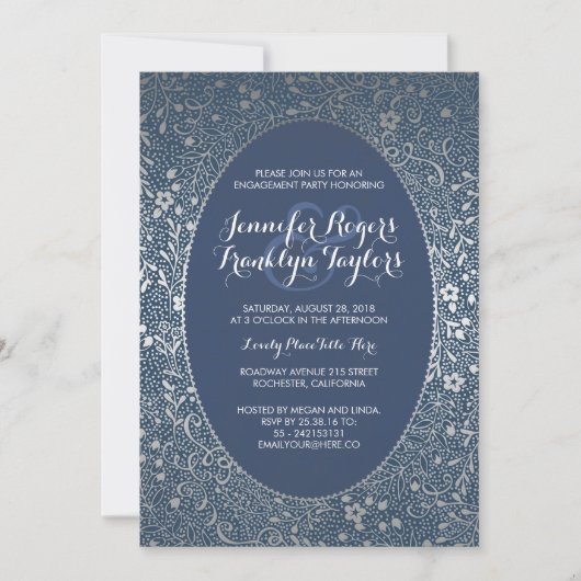 Engagement Party Silver Floral  marine Kaart (Voorkant)