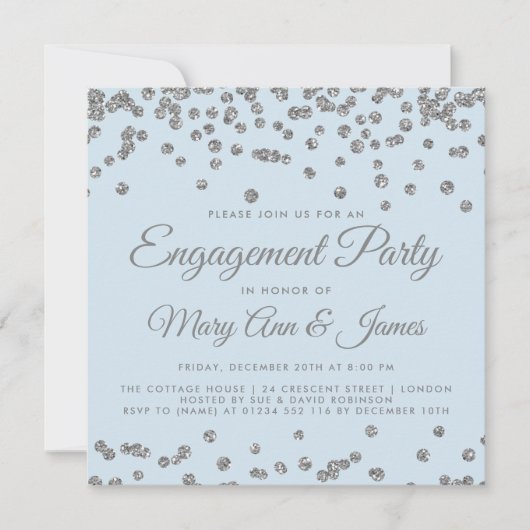 Engagement Party - Silver Glitter Confetti Ice Blu Kaart (Voorkant)