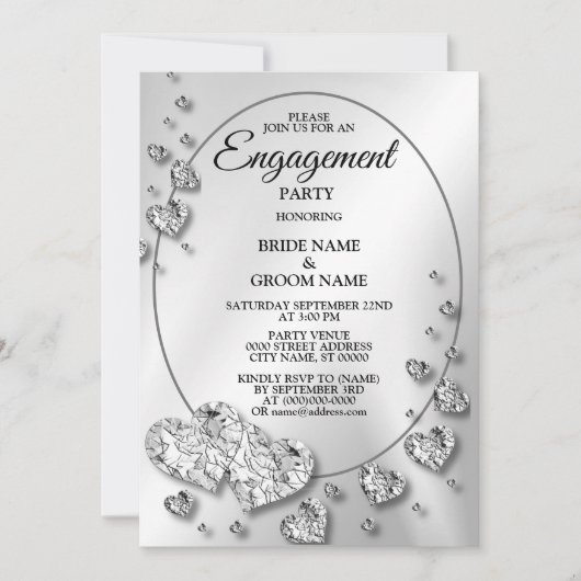 Engagement Party Silver Gray Shiny Hearts Elegant Kaart (Voorkant)