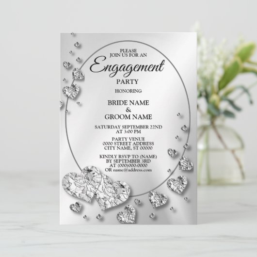 Engagement Party Silver Gray Shiny Hearts Elegant Kaart (Staand voorkant)