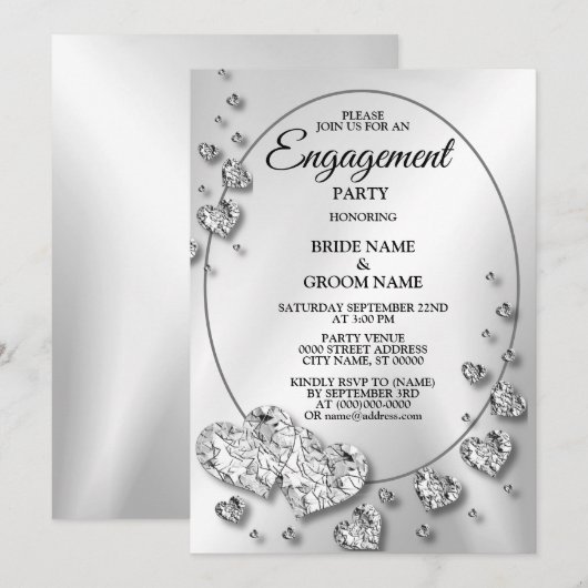 Engagement Party Silver Gray Shiny Hearts Elegant Kaart (Voorkant / Achterkant)