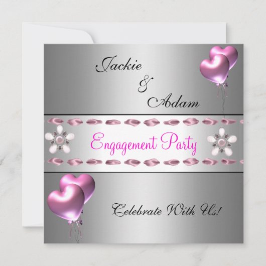 Engagement Party Silver Pink Floral Balloons Kaart (Voorkant)