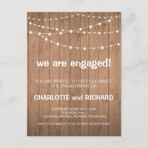 Engagement party uitnodiging hout en string lichte briefkaart