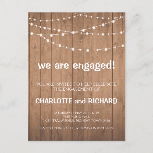Engagement party uitnodiging hout en string lichte briefkaart (Voorkant)