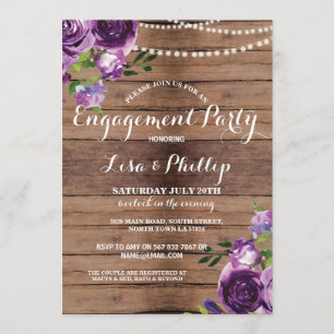 Engagement Party Wood Purple Flowers Shower Invite Kaart