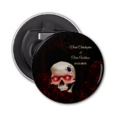 Enge bloemendonkere humeurige gothic schedel hallo button flesopener (Voorkant)