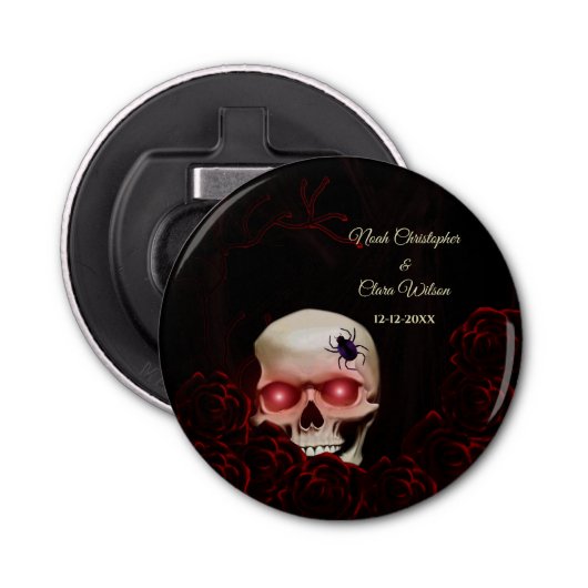 Enge bloemendonkere humeurige gothic schedel hallo button flesopener (Voorkant)