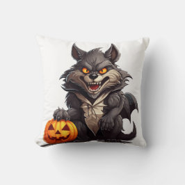 Enge cartoon wolf met een Halloween pompoen Kussen