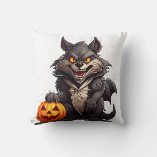 Enge cartoon wolf met een Halloween pompoen Kussen