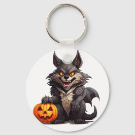 Enge cartoon wolf met een Halloween pompoen Sleutelhanger