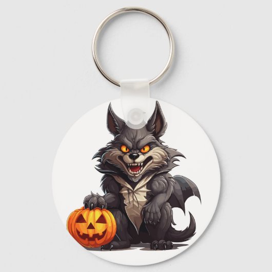 Enge cartoon wolf met een Halloween pompoen Sleutelhanger (Voorkant)