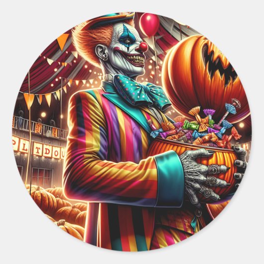 Enge Clown met Jack O' Lantern Halloween Ronde Sticker (Voorkant)