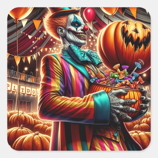 Enge Clown met Jack O' Lantern Halloween Vierkante Sticker (Voorkant)