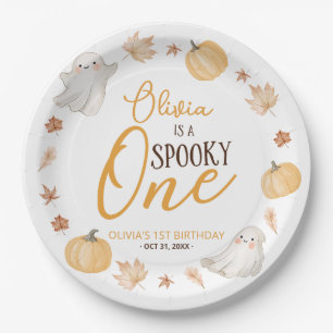 Enge Eén 1e Verjaardag Schattig Spookje Herfstblad Papieren Bordje