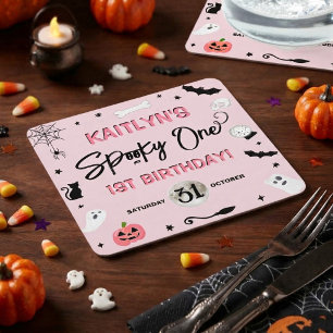 Enge Eén! Meisjes Halloween 1e Verjaardagsfeestje Kartonnen Onderzetters