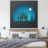 Enge en Leuke Blauwe en Zwarte Spookhuis Canvas Afdruk (Insitu (Slaapkamer))