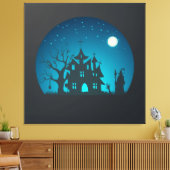 Enge en Leuke Blauwe en Zwarte Spookhuis Canvas Afdruk (Insitu (Woonkamer))