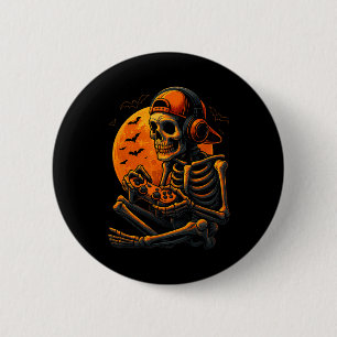 Enge Gamer Halloween Griezelig Skelet Speelt Vide Ronde Button 5,7 Cm