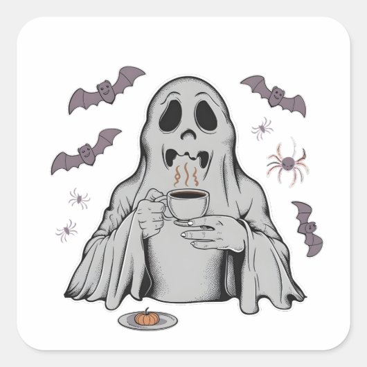 Enge Geest Drinkende Koffie Cafeïne Halloween Vierkante Sticker (Voorkant)