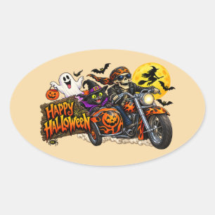 Enge Gelukkige Halloween Motorfiets Skelet Biker Ovale Sticker